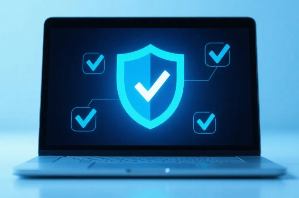 A stylized security concept showing a digital shield and checkmarks on a clean laptop screen, soft blue lighting