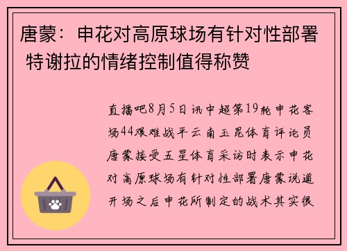 唐蒙：申花对高原球场有针对性部署 特谢拉的情绪控制值得称赞